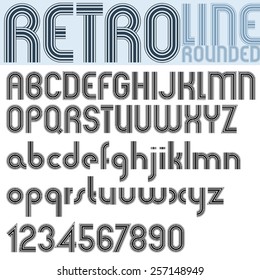 Retro line stripes effect font, pattern old style alphabet. Best for use as a headlines in advertising stylish retro graphic designs. Vector.