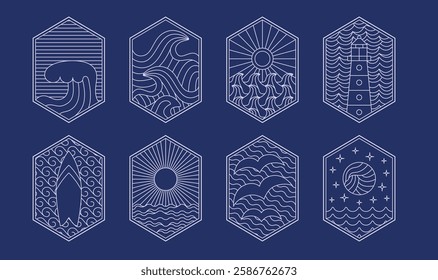 Retro line surfing, ocean, sea vibe badge, icon, design. Simple abstract geometric surf camp, resort vector template, design