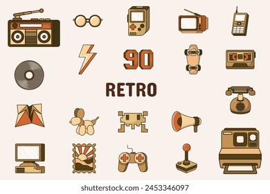 Retro Lineal Color Vector Illustration Icon Sticker Set Design Materials