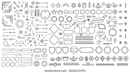 Retro linear geometric shapes borders, ribbons and arrows, frames and curls, badges, floral symbols, crowns and other decorative elements. For vintage logos and labels, certificates. Vector set.