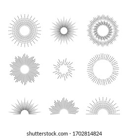 Retro linear sunrise icon. Sunburst line element for geometry background. Circle rays explotion for logo. Sun burst creative decoration. Vintage minimal radiant sparkles. Simple stars. vector