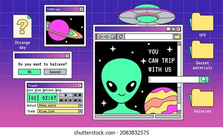 Retro linear vaporwave desktop with user interface elements, message boxes, windows and folders. Trendy cover in 80s, 90s style, retrowave aesthetics. Alien, space ship, ufo set of vector objects.