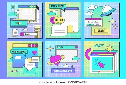 Plantilla de entradas de vaporwave lineal retro en estilo y2k. Conjunto de ventanas vintage de navegador con elementos estéticos de interfaz de usuario y stickers para medios sociales. Ilustración vectorial plana.