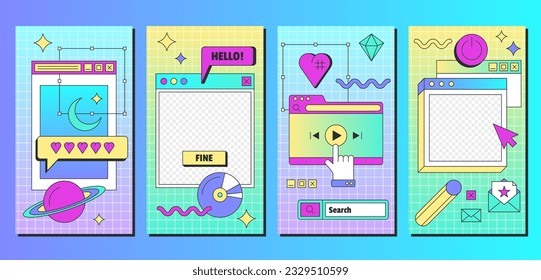 Retro linear vaporwave post and banners template in y2k style. Set of vintage social media ig posts and stories with aesthetic user interface elements. Old computer windows vector flat illustration.