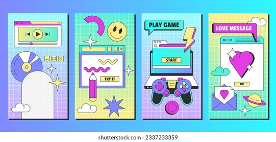 Retro linear vaporwave post template in y2k style. Set of vintage social media ig posts or stories with aesthetic user interface elements. Posters with old computer windows vector flat illustration.