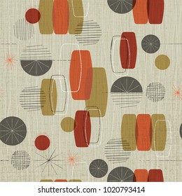 Retro linen textured weave with vintage shapes and stars inspired by mid-century modern fabrics.