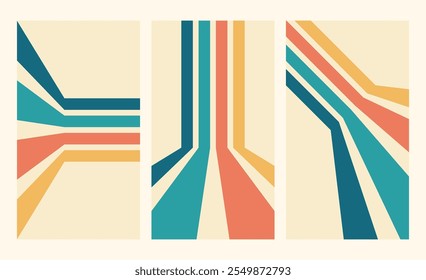 Retro lines vertical background set. Vintage path wallpaper. Colorful perspective stripes vector design.