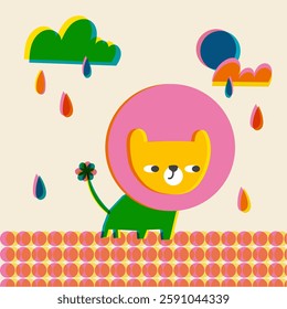  Retro lion cat risograph vintage postcard poster childish cute design. Vintage grunge style illustration.