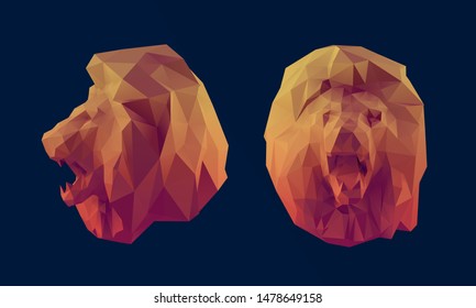 Retro Lion. Set of Gradient Lions on Dark Background. Low Poly Vector 3D Rendering