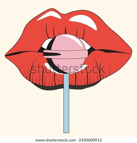 Retro Lips with Pink Lollipop. Flat art with Candy and Sexy woman Lips. Vector illustration. Design for t-shirt print.