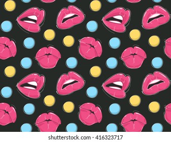 Retro lips with polka dot seamless pattern on black background. Vector illustration.