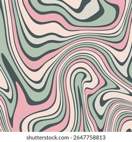 Um fundo de mármore líquido retrô com um padrão groovy, psicodélico de linhas onduladas fluindo em rosa silencioso, verde sábio e carvão vegetal.