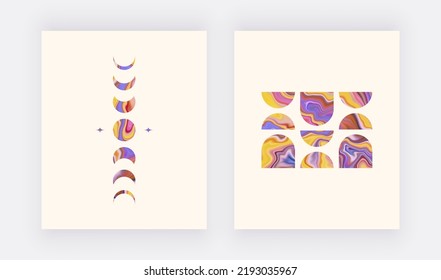 Retro liquid wall art prints with moon and geometric shapes