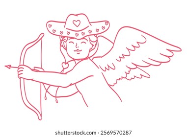 Retro little angel with bow and arrow in cowboy hat doodle line art tattoo style for poster, placard or wedding invitation design. Angel baby cupid illustration. Isolated vintage cute cherub drawing.