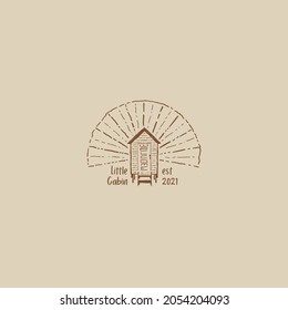 retro little cabin logo vector design illustration with brush line art styles. silhouette wood cabin logo illustration. 