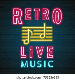 Retro Live Music Neon Light Glowing Music Note and Dark Blue Background Vector Illustration