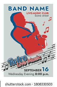 "Retro Live Music" poster featuring a saxophonist in old-style colors. Vector live-music evening poster template.