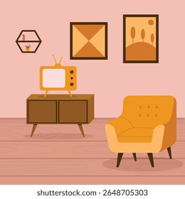 Retro living room with a chair, TV, and art suitable for interior design concepts, vintage aesthetics, nostalgiathemed projects, and product mockups.