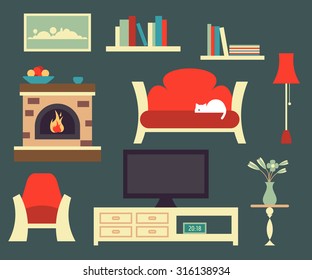 Retro living room interior with classical objects lamp, chair, sofa, fireplace and bookshelves. Fully editable vector illustration.