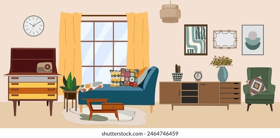 Interior de la sala de estar retro con sofá, almohadas de colores, armario, lámpara, planta en macetas, mesa de centro, sillón, cómoda. Acogedor apartamento con muebles modernos de mediados de siglo. Ilustración vectorial.