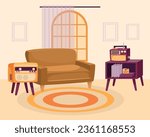 Retro living room with vintage radio vector illustration. Cartoon drawing of old-fashioned or sofa, old-school electronics, radio player or tape recorder. Furniture, interior design, retro concept