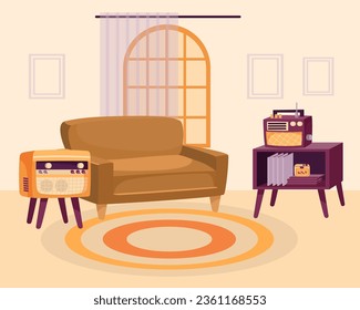 Retro Wohnzimmer mit Vintage Radio Vektorgrafik. Cartoon Zeichnung von altmodischem Sofa, Altelektronik, Radio- oder Tonbandgerät. Möbel, Inneneinrichtung, Retro-Konzept