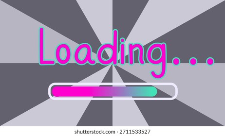 Retro Carregando... texto oscilante neon cores rosa e ciano, definido contra um fundo de explosão solar em escala de cinza com uma vibrante, barra de progresso gradiente 16:9