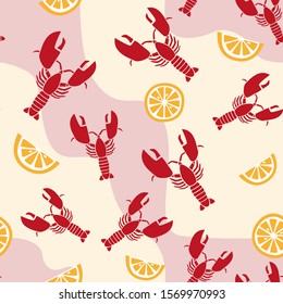 Retro lobster seamless pattern with lemon slices on a pink and pastel yellow abstract background. Red sea food and fresh citrus fruit with seed vector clipart arranged as repeat design for wrapping. 