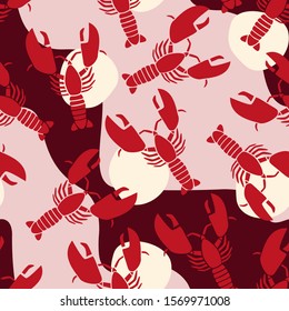Retro lobster seamless pattern with pink and vanilla yellow spots on a background. Red lobster minimalist clipart arranged in a repeat design for wrapping paper or fabric.