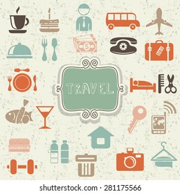 retro locations and places icons with frame on shabby background