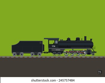 Retro locomotive by rail vector illustration