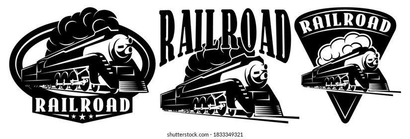 Retro locomotive. A set of templates for design. Monochrome vector illustration.