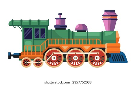 transporte retro de locomotoras, tren de vapor vintage aislado. Vehículos de la vieja escuela del pasado, medios de transporte y transporte. Transporte ferroviario o cabina de pasajeros. Vector de estilo plano