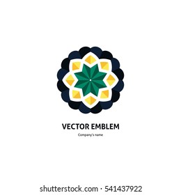 Retro logo for antique shop, boutique, business. Company mark, emblem, element. Simple geometric mandala logotype. Kaleidoscope big bud. Surround abstract blossom. Vintage. Dark color.