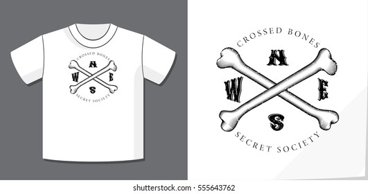 Retro Logo Cardinal Direction Letters Crossed Bones and Secret Society Text Creative Concept with Potential Application on T-Shirt Template - Black on White Background - Grunge Woodcut Vintage Design