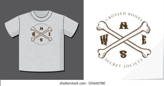 Retro Logo Cardinal Direction Letters Crossed Bones and Secret Society Text Creative Concept with Potential Application on T-Shirt Template - Brown on Heather Grey Background - Grunge Woodcut Design