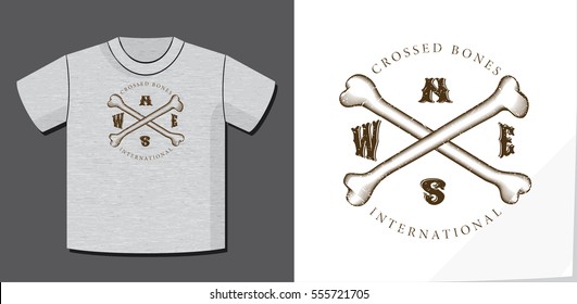 Retro Logo Cardinal Direction Letters Crossed Bones and International Text Creative Concept with Potential Application on T-Shirt Template - Brown on Heather Grey Background - Grunge Woodcut Design