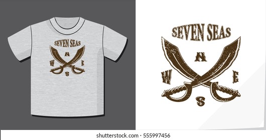 Retro Logo Cardinal Direction Letters Crossed Pirate Swords and Seven Seas Text Creative Concept with Potential Application on T-Shirt Template - Brown on Heather Grey Background - Grunge Woodcut