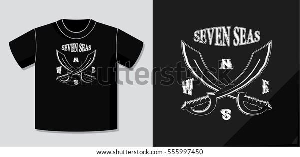 Retro Logo Cardinal Direction Letters Crossed\
Pirate Swords and Seven Seas Text Creative Concept with Potential\
Application on T-Shirt Template - White on Black Background -\
Grunge Woodcut Design
