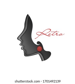 retro logo concept, layered woman profile in red earring on the white background, retro fashion idea,