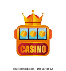 Retro logo design for casino. Slot machine with crown. Winning the jackpot. Game for money. Vector element for mobile app