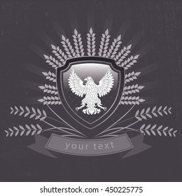 retro logo emblem,  image of bird eagle and plants, grunge logotype, Vector vintage logo of the eagle on the shield, logotype with ribbon