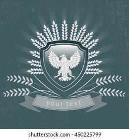 retro logo emblem,  image of bird eagle and plants, grunge logotype, Vector vintage logo of the eagle on the shield, logotype with ribbon