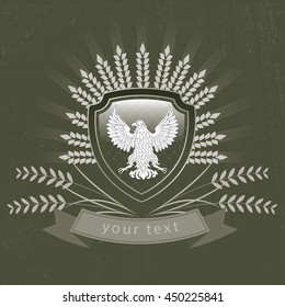 retro logo emblem,  image of bird eagle and plants, grunge logotype, Vector vintage logo of the eagle on the shield, logotype with ribbon