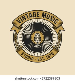 A retro logo featuring a vinyl record and a vintage microphone, symbolizing classic music and recording.