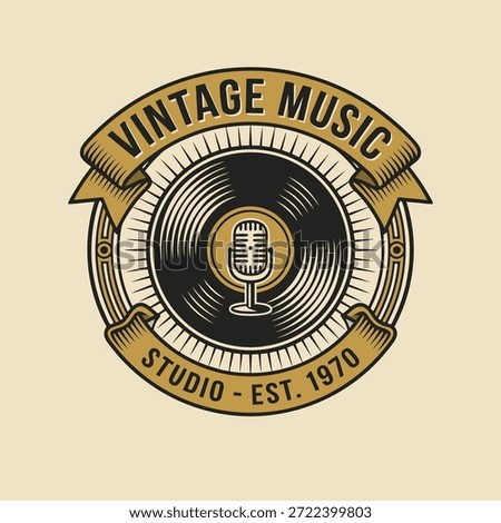 A retro logo featuring a vinyl record and a vintage microphone, symbolizing classic music and recording.