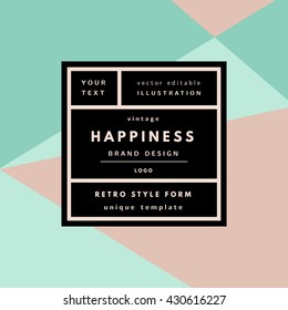Retro logo in frame outline geometric background. Trend layout, art print.