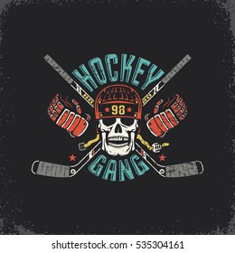Retro logo for the hockey club with a skull in a helmet, crossed sticks and gauntlets. Scratches on a separate layer and can be easily disabled.
