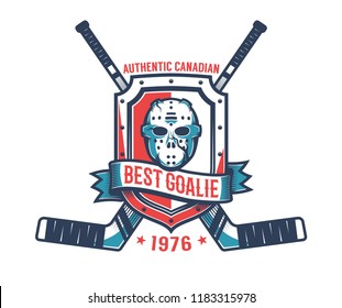 Retro logo of the hockey goalkeeper - vintage goalie mask,  knight's shield and crossed sticks.