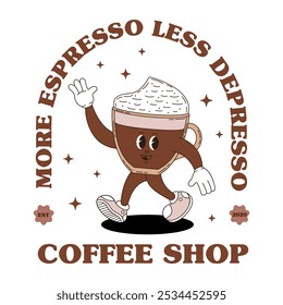 Mascota con logo retro y café. Mascota de comida estupenda para cafetería, menú de cafetería y más.